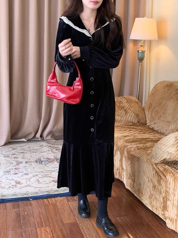 レース襟セーラーカラーロングワンピース 6301-black_お取り寄せ6301-画像6-韓国ファッション通販POPREA［ポップリア］