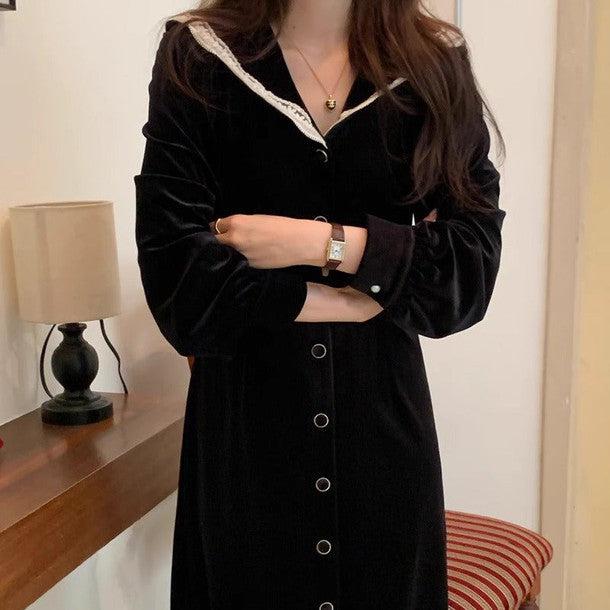 レース襟セーラーカラーロングワンピース 6301-black_お取り寄せ6301-画像8-韓国ファッション通販POPREA［ポップリア］