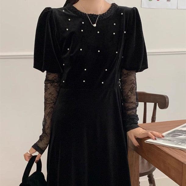 シースルーレースブラックベロアワンピース 6303-black_お取り寄せ6303-画像10-韓国ファッション通販POPREA［ポップリア］