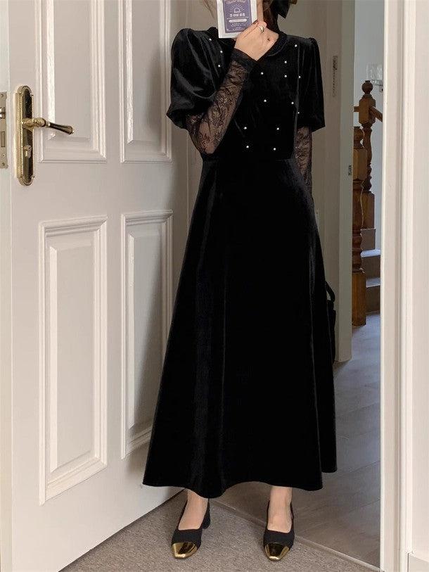 シースルーレースブラックベロアワンピース 6303-black_お取り寄せ6303-画像11-韓国ファッション通販POPREA［ポップリア］