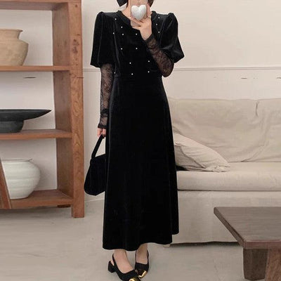 シースルーレースブラックベロアワンピース 6303-black_お取り寄せ6303-画像2-韓国ファッション通販POPREA［ポップリア］