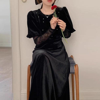シースルーレースブラックベロアワンピース 6303-black_お取り寄せ6303-画像3-韓国ファッション通販POPREA［ポップリア］