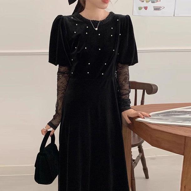 シースルーレースブラックベロアワンピース 6303-black_お取り寄せ6303-画像4-韓国ファッション通販POPREA［ポップリア］