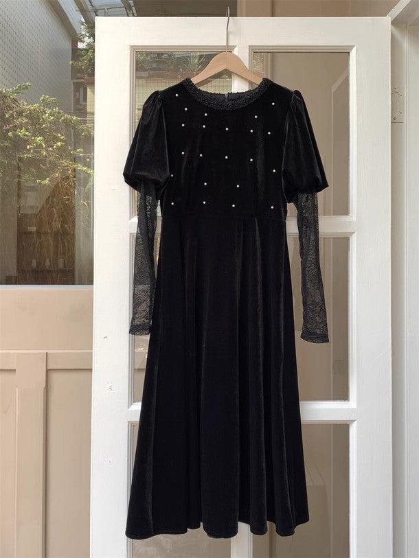 シースルーレースブラックベロアワンピース 6303-black_お取り寄せ6303-画像6-韓国ファッション通販POPREA［ポップリア］