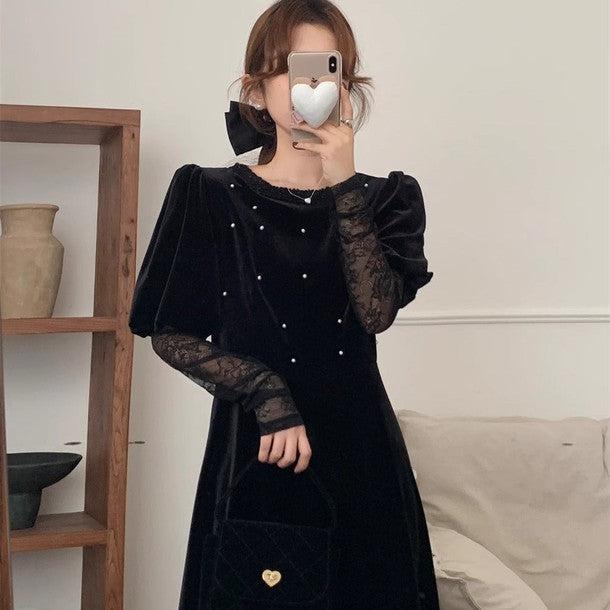 シースルーレースブラックベロアワンピース 6303-black_お取り寄せ6303-画像7-韓国ファッション通販POPREA［ポップリア］