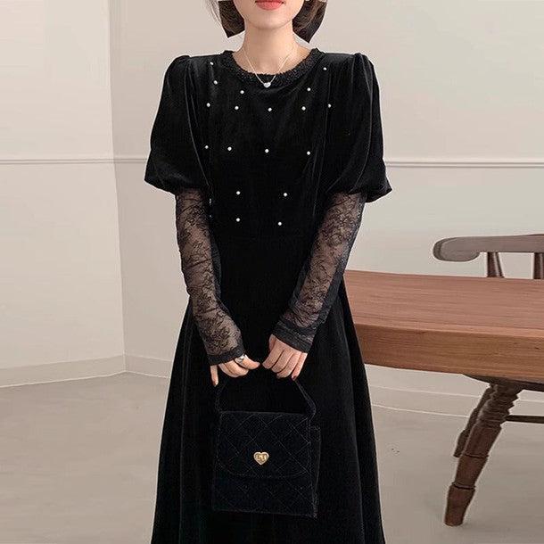 シースルーレースブラックベロアワンピース 6303-black_お取り寄せ6303-画像1-韓国ファッション通販POPREA［ポップリア］