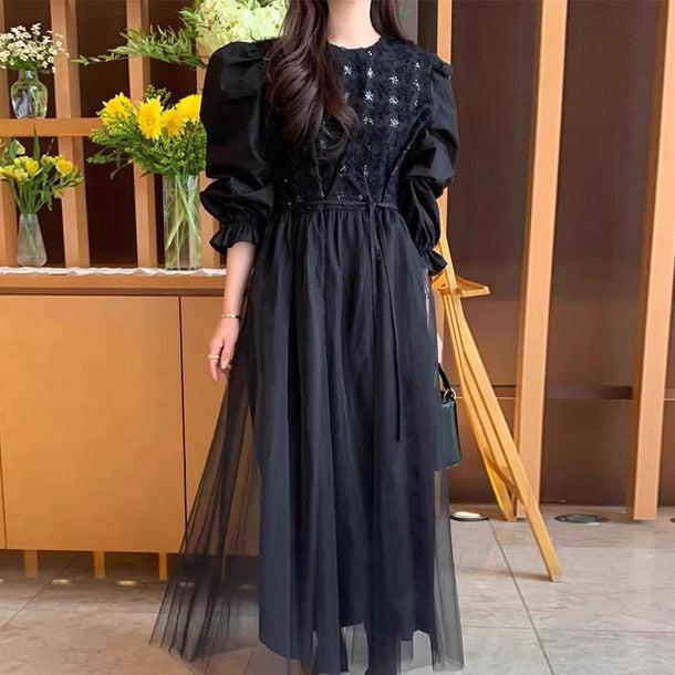 パフスリーブフラワーシフォンワンピース 6304-black_お取り寄せ63042-画像10-韓国ファッション通販POPREA［ポップリア］