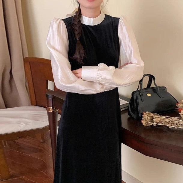 バックリボンブラウス＆ベルベットワンピース 6326-black_お取り寄せ6326-画像2-韓国ファッション通販POPREA［ポップリア］