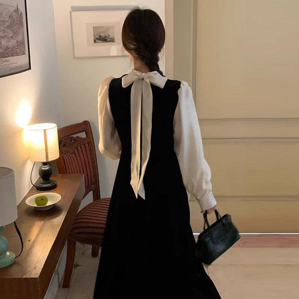 バックリボンブラウス＆ベルベットワンピース 6326-black_お取り寄せ6326-画像4-韓国ファッション通販POPREA［ポップリア］