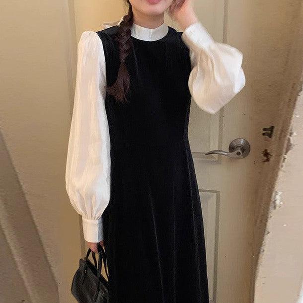 バックリボンブラウス＆ベルベットワンピース 6326-black_お取り寄せ6326-画像1-韓国ファッション通販POPREA［ポップリア］