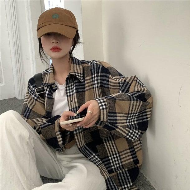 チェック柄ルーズブラッシュドシャツ 6328-brown_即納6328-画像10-韓国ファッション通販POPREA［ポップリア］