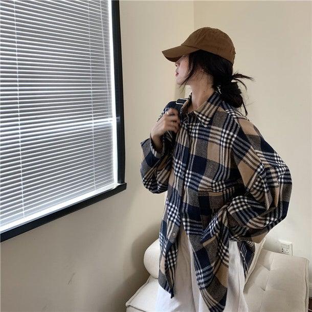 チェック柄ルーズブラッシュドシャツ 6328-brown_即納6328-画像2-韓国ファッション通販POPREA［ポップリア］