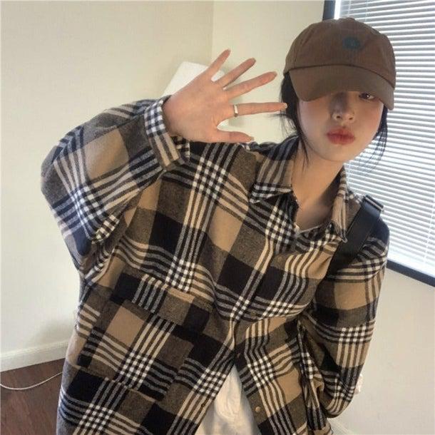 チェック柄ルーズブラッシュドシャツ 6328-brown_即納6328-画像3-韓国ファッション通販POPREA［ポップリア］