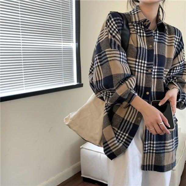 チェック柄ルーズブラッシュドシャツ 6328-brown_即納6328-画像4-韓国ファッション通販POPREA［ポップリア］