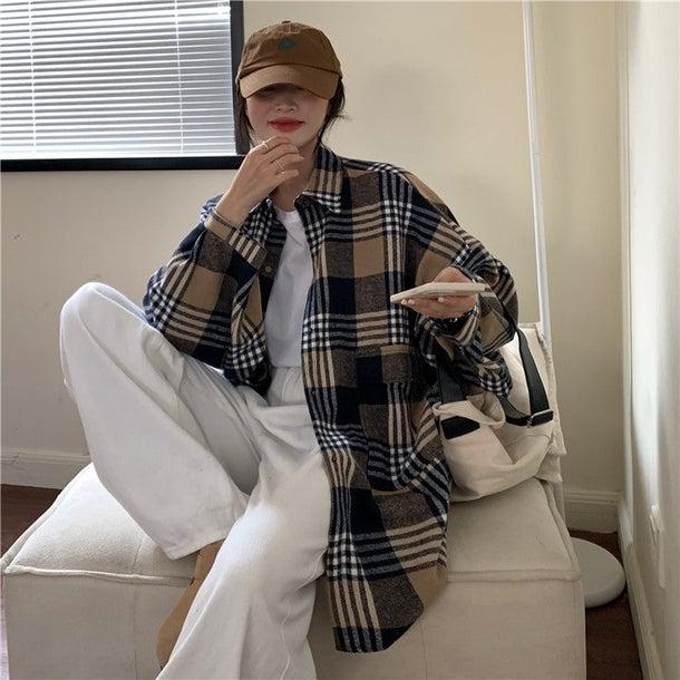 チェック柄ルーズブラッシュドシャツ 6328-brown_即納6328-画像6-韓国ファッション通販POPREA［ポップリア］