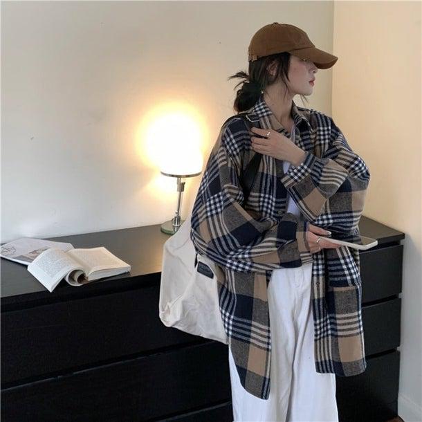 チェック柄ルーズブラッシュドシャツ 6328-brown_即納6328-画像7-韓国ファッション通販POPREA［ポップリア］