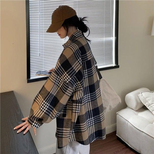 チェック柄ルーズブラッシュドシャツ 6328-brown_即納6328-画像8-韓国ファッション通販POPREA［ポップリア］