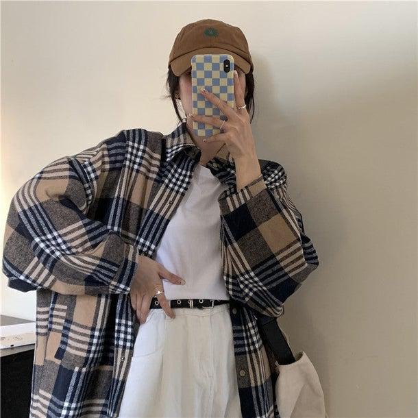 チェック柄ルーズブラッシュドシャツ 6328-brown_即納6328-画像9-韓国ファッション通販POPREA［ポップリア］