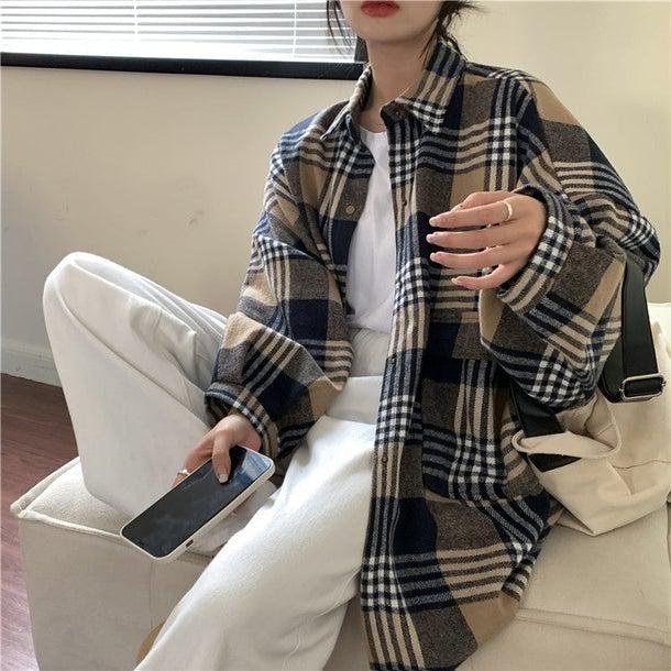 チェック柄ルーズブラッシュドシャツ 6328-brown_即納6328-画像1-韓国ファッション通販POPREA［ポップリア］