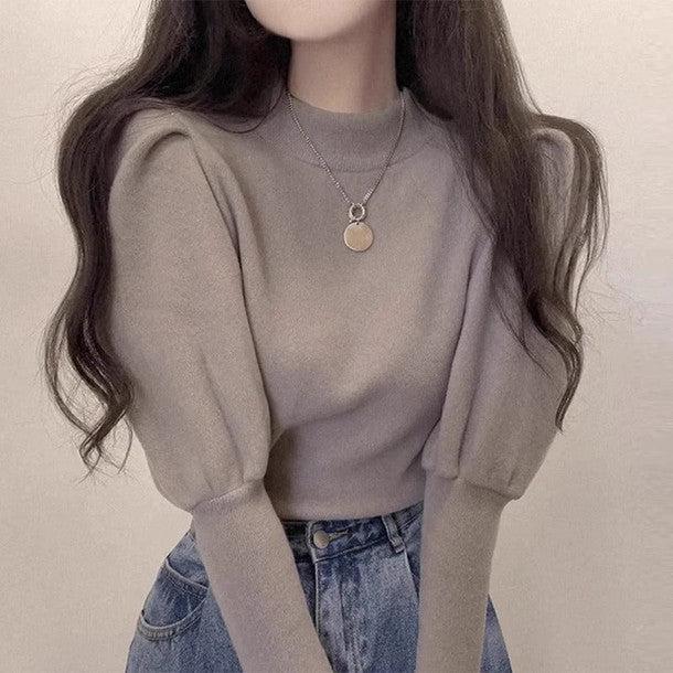 パフスリーブボトルネックニットトップス 6329-gray_お取り寄せ63291-画像1-韓国ファッション通販POPREA［ポップリア］