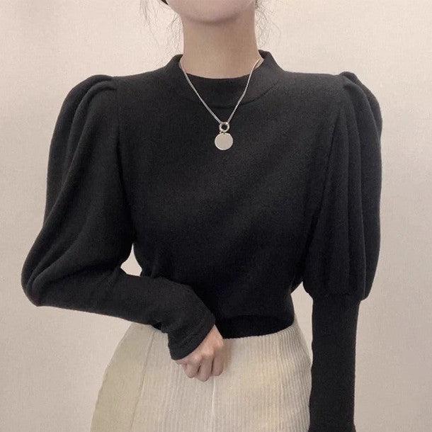 パフスリーブボトルネックニットトップス 6329-black_お取り寄せ63292-画像4-韓国ファッション通販POPREA［ポップリア］