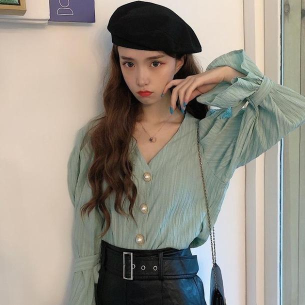 パールボタンブラウス 6349-green_即納6349-画像2-韓国ファッション通販POPREA［ポップリア］