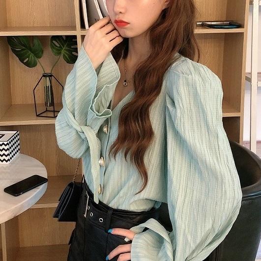 パールボタンブラウス 6349-green_即納6349-画像3-韓国ファッション通販POPREA［ポップリア］