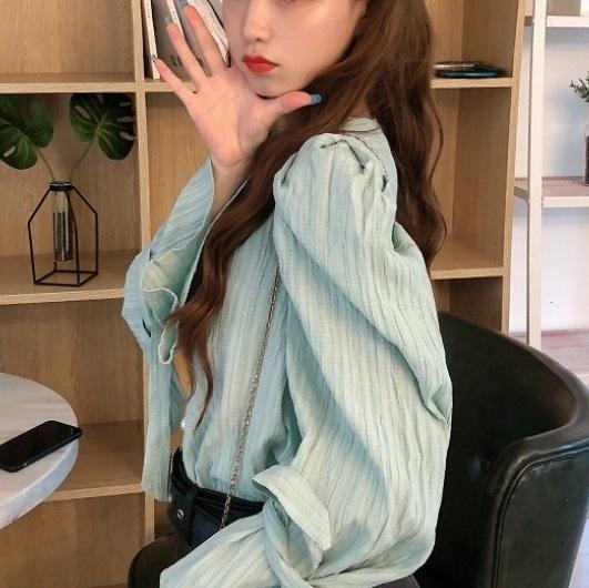 パールボタンブラウス 6349-green_即納6349-画像4-韓国ファッション通販POPREA［ポップリア］