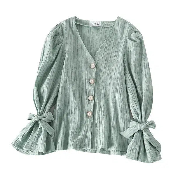 パールボタンブラウス 6349-green_即納6349-画像6-韓国ファッション通販POPREA［ポップリア］