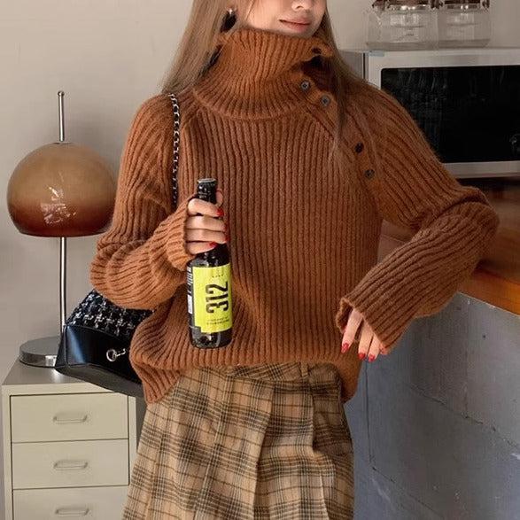 サイドボタンタートルネックニット 6358-brown_お取り寄せ6358-画像2-韓国ファッション通販POPREA［ポップリア］