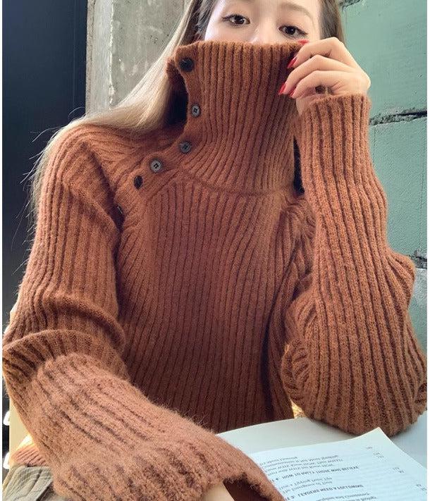 サイドボタンタートルネックニット 6358-brown_お取り寄せ6358-画像5-韓国ファッション通販POPREA［ポップリア］