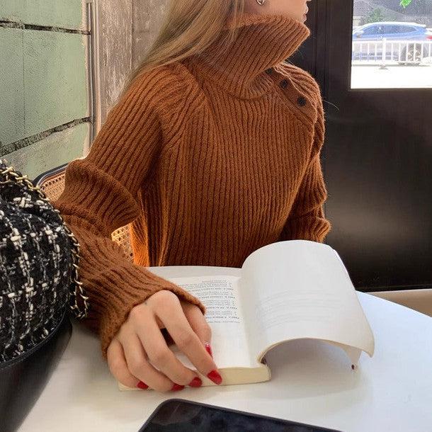 サイドボタンタートルネックニット 6358-brown_お取り寄せ6358-画像6-韓国ファッション通販POPREA［ポップリア］