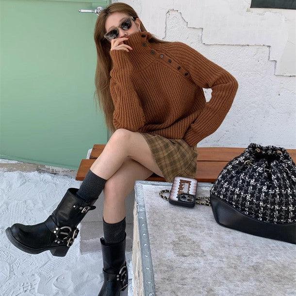 サイドボタンタートルネックニット 6358-brown_お取り寄せ6358-画像7-韓国ファッション通販POPREA［ポップリア］