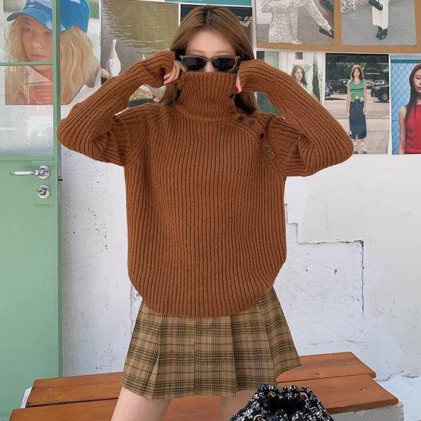 サイドボタンタートルネックニット 6358-brown_お取り寄せ6358-画像9-韓国ファッション通販POPREA［ポップリア］