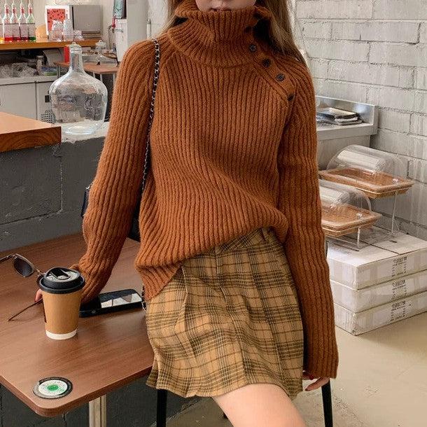 サイドボタンタートルネックニット 6358-brown_お取り寄せ6358-画像1-韓国ファッション通販POPREA［ポップリア］