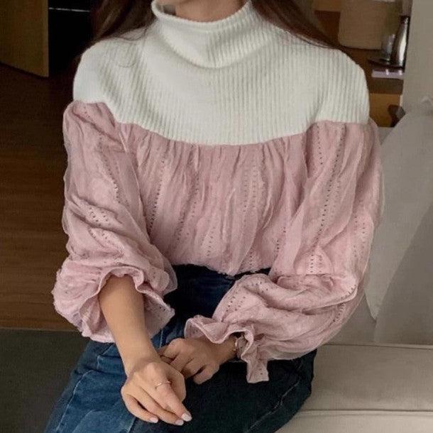 ハイニット切り替えピンクブラウス 6370-pink_お取り寄せ6370-画像1-韓国ファッション通販POPREA［ポップリア］