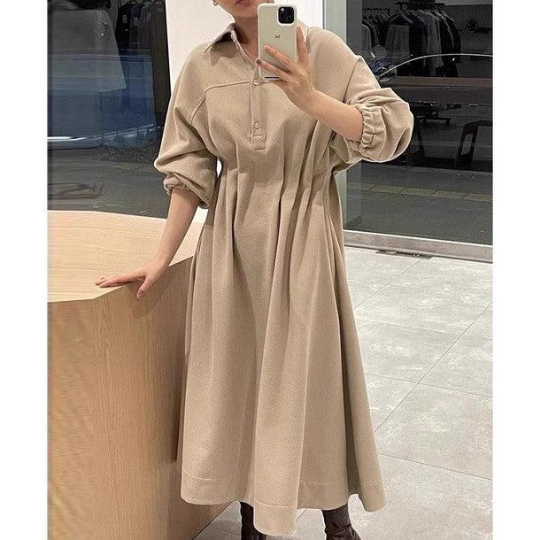 ウエストギャザーポロワンピース 6372-khaki_お取り寄せ63721-画像2-韓国ファッション通販POPREA［ポップリア］