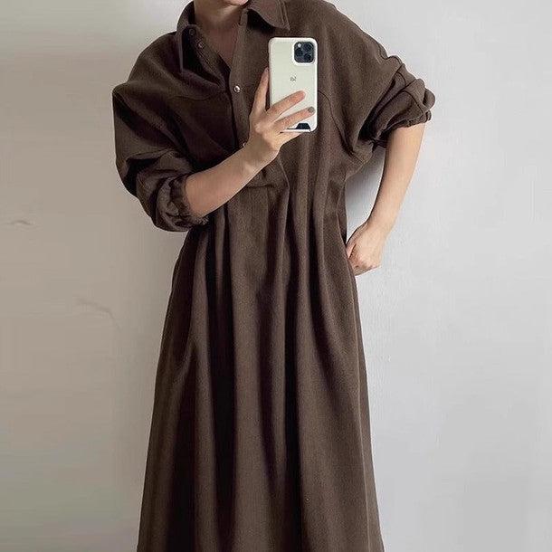 ウエストギャザーポロワンピース 6372-brown_お取り寄せ63722-画像1-韓国ファッション通販POPREA［ポップリア］