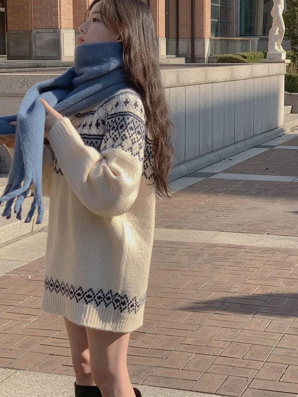 ウィンタープリントニットワンピース 6378-white_お取り寄せ6378-画像2-韓国ファッション通販POPREA［ポップリア］