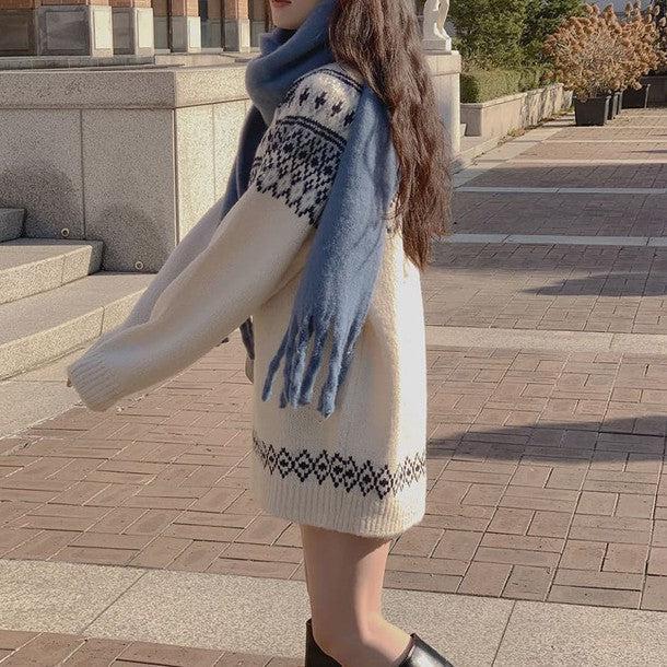 ウィンタープリントニットワンピース 6378-white_お取り寄せ6378-画像3-韓国ファッション通販POPREA［ポップリア］