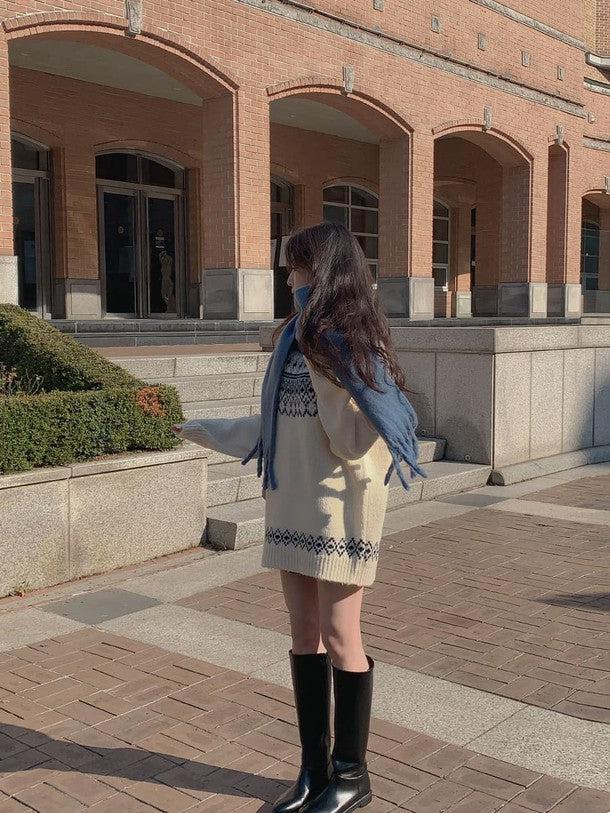 ウィンタープリントニットワンピース 6378-white_お取り寄せ6378-画像4-韓国ファッション通販POPREA［ポップリア］