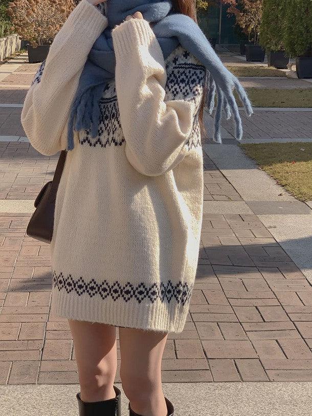 ウィンタープリントニットワンピース 6378-white_お取り寄せ6378-画像5-韓国ファッション通販POPREA［ポップリア］