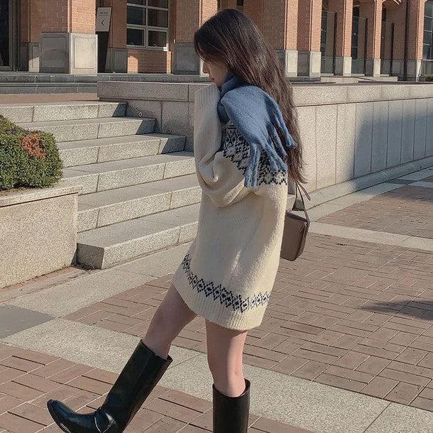 ウィンタープリントニットワンピース 6378-white_お取り寄せ6378-画像6-韓国ファッション通販POPREA［ポップリア］