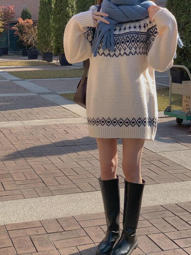 ウィンタープリントニットワンピース 6378-white_お取り寄せ6378-画像7-韓国ファッション通販POPREA［ポップリア］