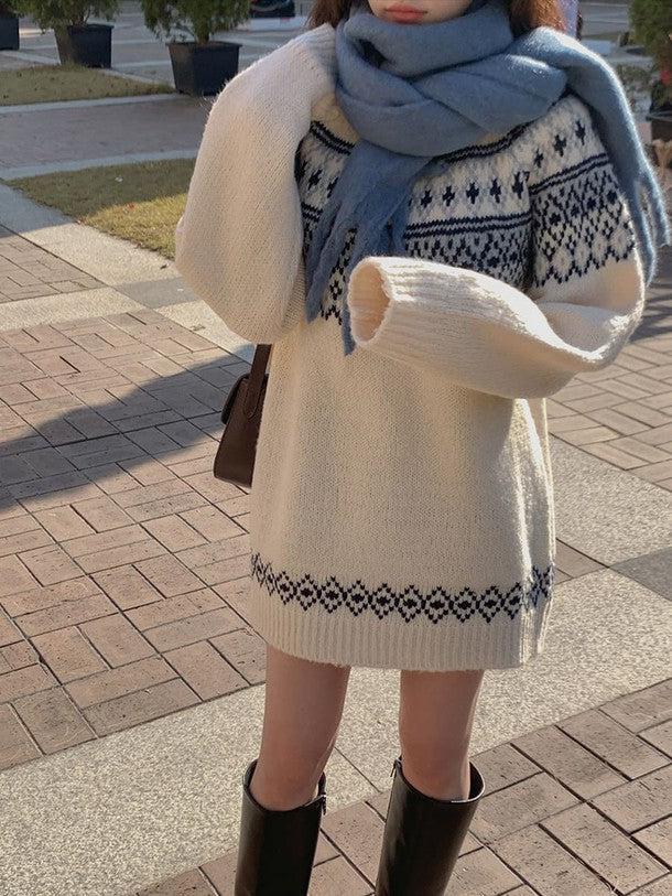 ウィンタープリントニットワンピース 6378-white_お取り寄せ6378-画像9-韓国ファッション通販POPREA［ポップリア］