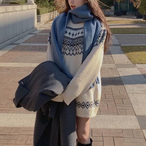 ウィンタープリントニットワンピース 6378-white_お取り寄せ6378-画像1-韓国ファッション通販POPREA［ポップリア］