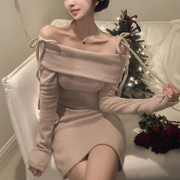 リボンオフショルミニワンピース 6381-beige_お取り寄せ63812-画像1-韓国ファッション通販POPREA［ポップリア］