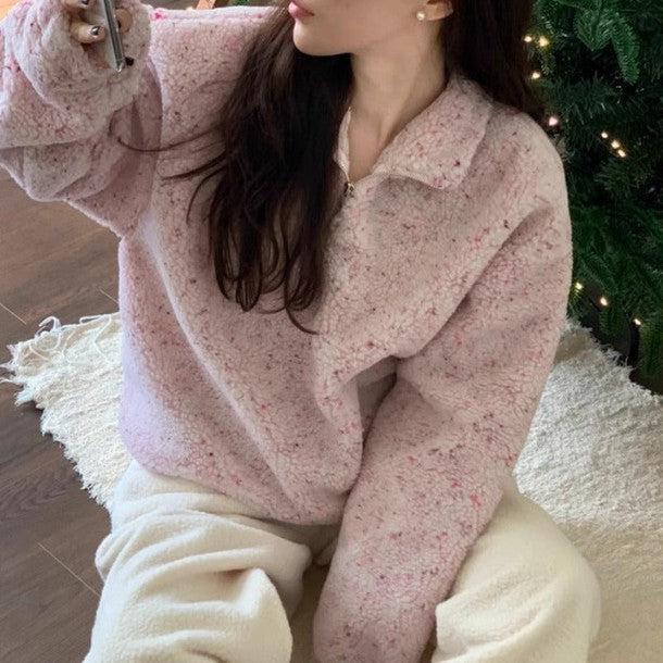 クロップドハーフジップアップニット 6389-pink_お取り寄せ63891-画像1-韓国ファッション通販POPREA［ポップリア］