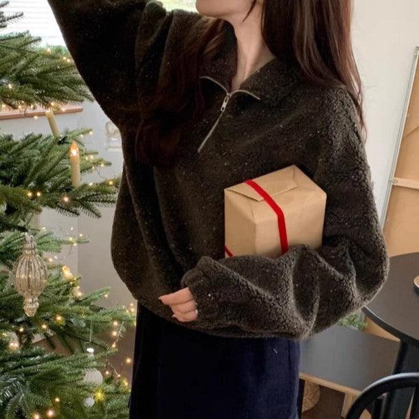 クロップドハーフジップアップニット 6389-brown_お取り寄せ63893-画像10-韓国ファッション通販POPREA［ポップリア］