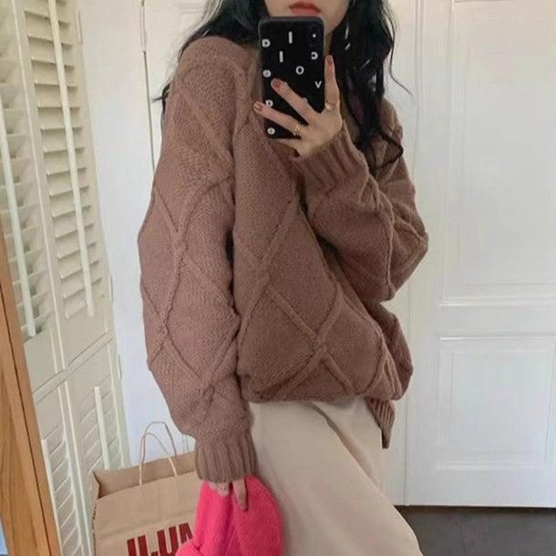 ラウンドネックダイヤ柄ニット 6390-brown_お取り寄せ6390-画像2-韓国ファッション通販POPREA［ポップリア］